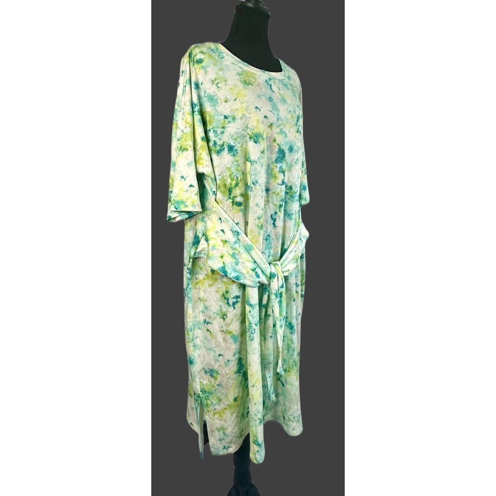 Live Well Lifestyle Women Plus 18/20W Tie Dye Front Tie T-Shirt Midi Dress Green